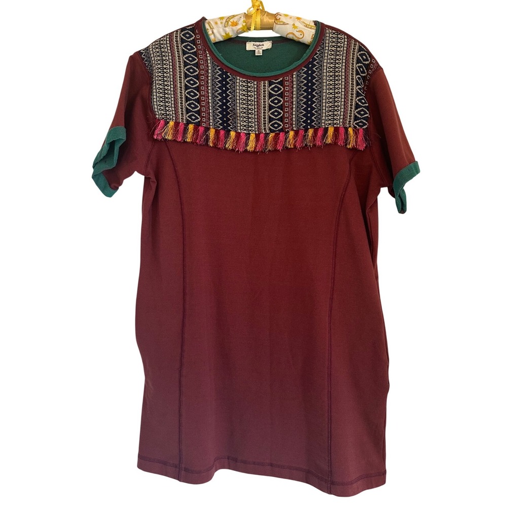 Hayden LA Tunic Pullover Dress Women's Sz M Garnet Tassels Pockets Aztec Boho